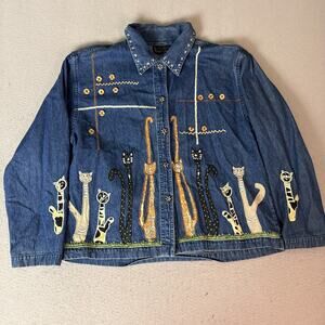 Life Style Petite PL Denim Jacket Blue Embroidered Cats Art to Wear 100% Cotton